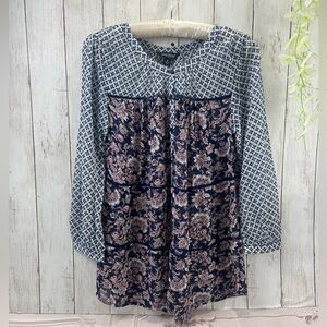 Lucky Brand Blue Paisley Long Sleeve Button Front Chiffon Top Size Small